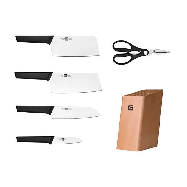Набор стальных ножей HuoHou 6-Piece Kitchen Knife Set Lite (HU0058) (4 ножа  ножницы  подставка из сосны) (Black) RU - 1