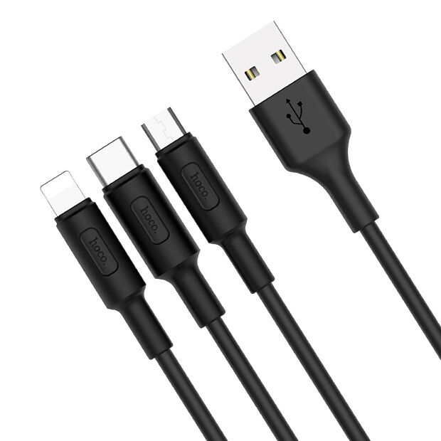 USB кабель HOCO X25 Soarer Lightning 8-pin/MicroUSB/Type-C, 3в1, 1м, PVC (черный) - 1